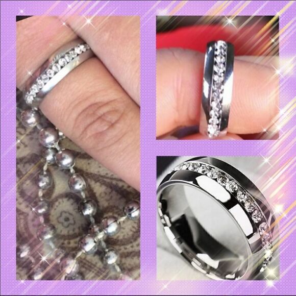 Silver Wedding Engagement Ring Single Row Zircon Bridal Band Ring - Picture 3 of 7